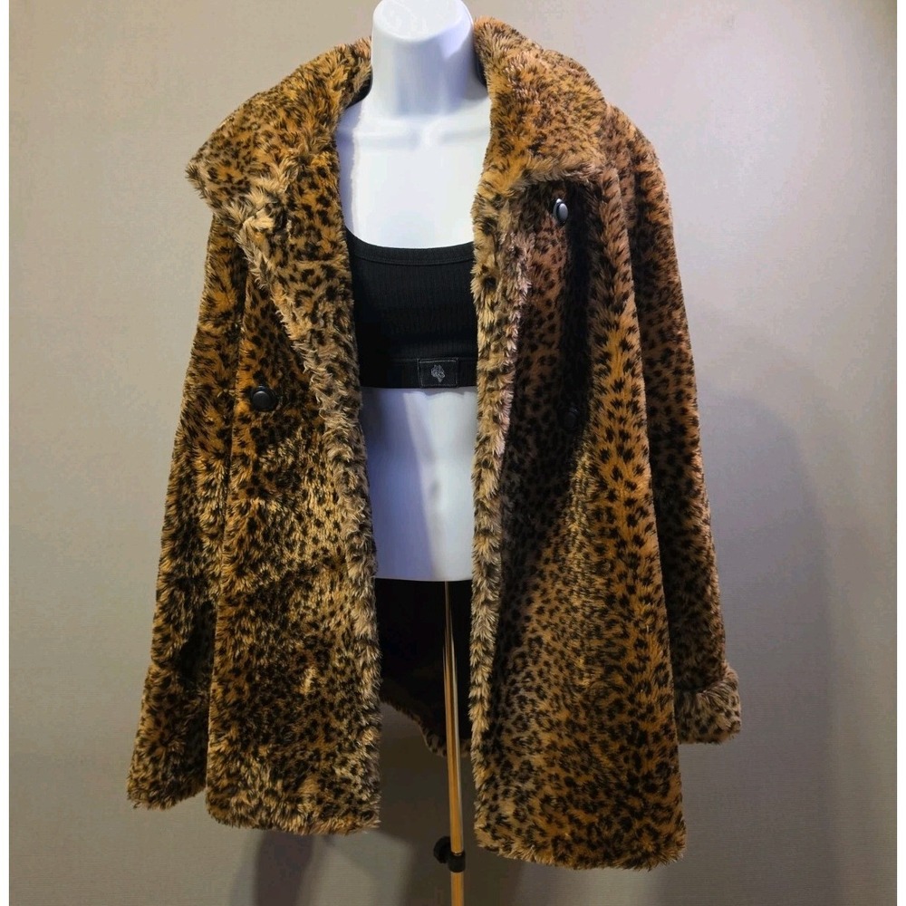 Vintage Moda Anna Leopard Faux Fur Coat Womens USA Made Animal Print Jacket Y2K